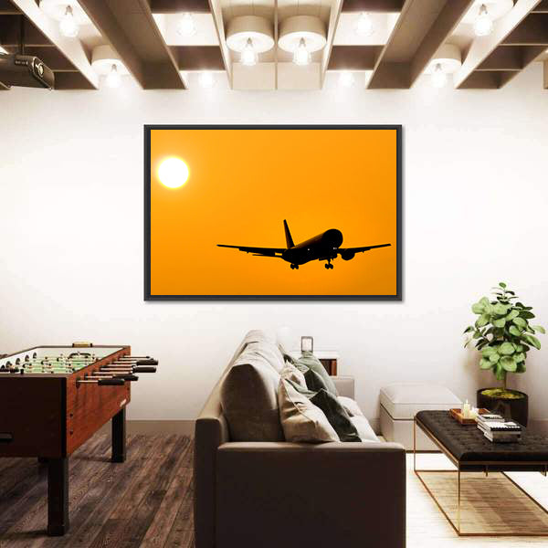 Aircraft Landing At Sunset Canvas Wall Art