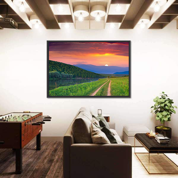 Sunset Meadow with River and Dirt Road Canvas Wall Art