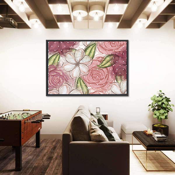 Pink Roses and White Blossoms Pattern Canvas Wall Art
