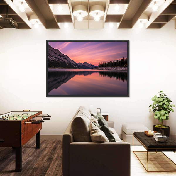Medicine Lake At Sunset In Canadian Rockies Canvas Wall Art