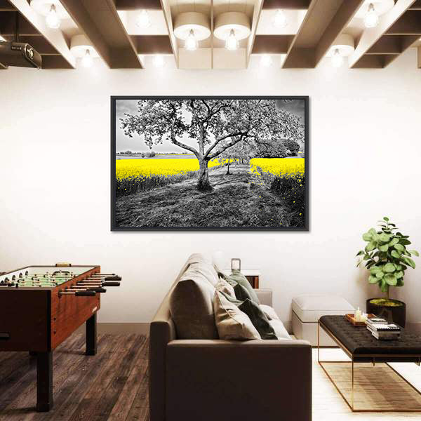 Yellow Canola Field with Large Tree and Path Canvas Wall Art