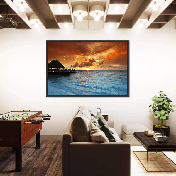 Maldives Thatched Hut on Pier at Sunset Canvas Wall Art