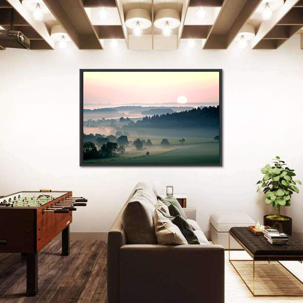 Misty Sunrise Over Layered Hills Canvas Wall Art