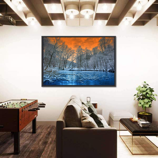 Orange Sunset Over White Winter Forest Canvas Wall Art