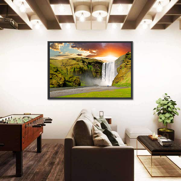 Skogafoss Waterfall At Sunset In Iceland Canvas Wall Art