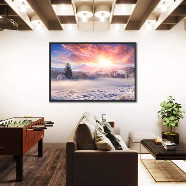 Winter Sunrise In Mountain Village Canvas Wall Art