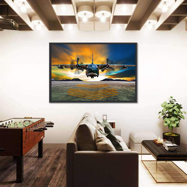 Twin-engine Military Transport at Golden Hour Canvas Wall Art