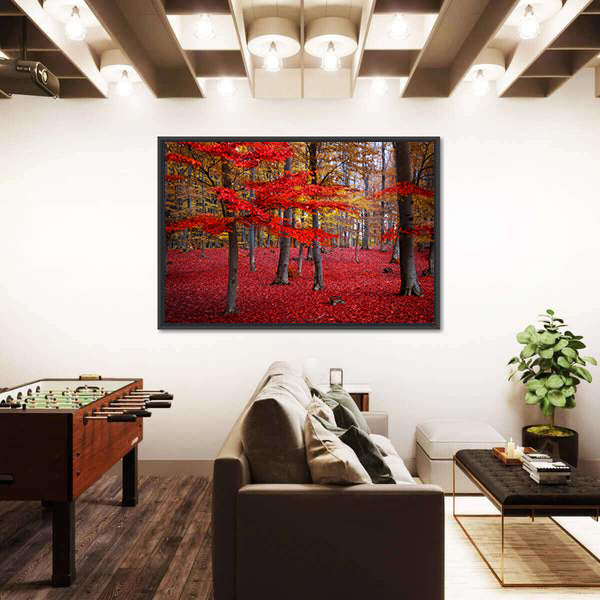 Red Trees In The Forest During Fall Canvas Wall Art