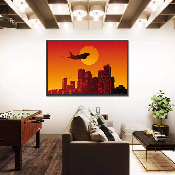 Airplane with Landing Gear Over Sunset City Canvas Wall Art