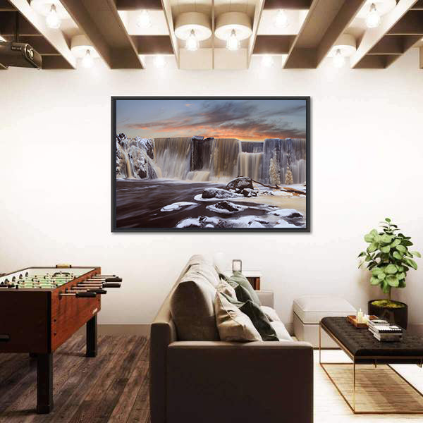 Winter Falls In Finnish Dam Canvas Wall Art