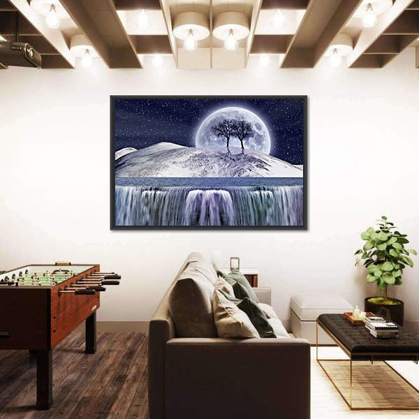 Winter Moonlight Landscape with Waterfall Canvas Wall Art