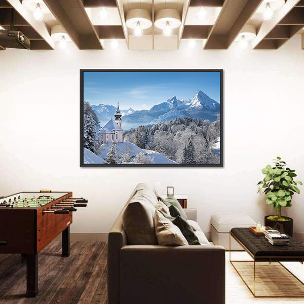 Snowy Alps With Church In Bavaria Canvas Wall Art