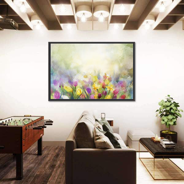 Watercolor Daffodil and Tulip Meadow Canvas Wall Art