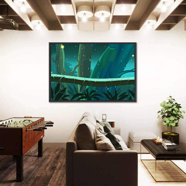 Mossy Tree Trunk with Glowing Fireflies Canvas Wall Art