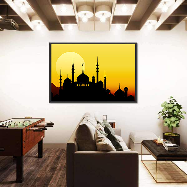 Ramadan Mosque Silhouette with Golden Sun Canvas Wall Art