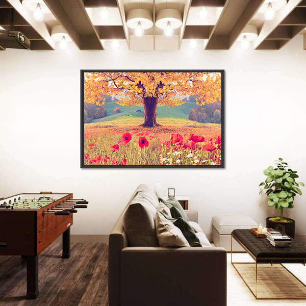 Red Poppies and Golden Tree Canvas Wall Art