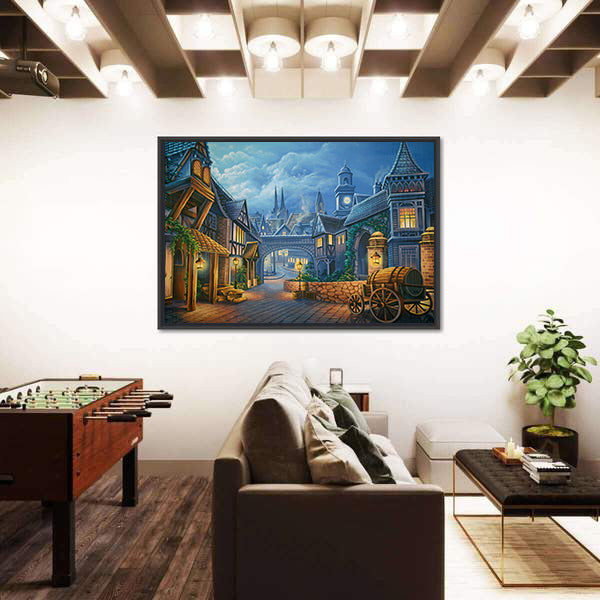 Twilight Medieval Village Through Stone Archway Canvas Wall Art
