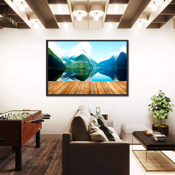 Wooden Pier and Mountain Lake Canvas Wall Art