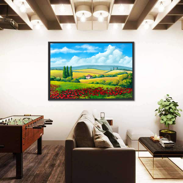 Tuscan Poppy Field with Cypress Trees Canvas Wall Art