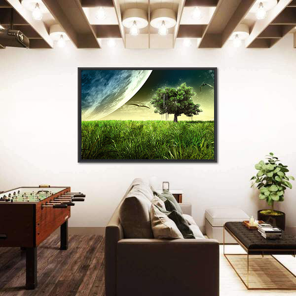 Green Meadow with Pterodactyls Canvas Wall Art
