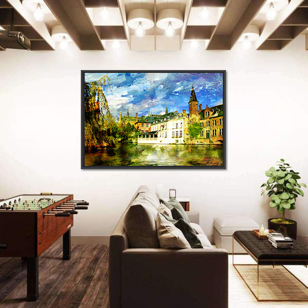 Belgian Canal in a Small Town Canvas Wall Art