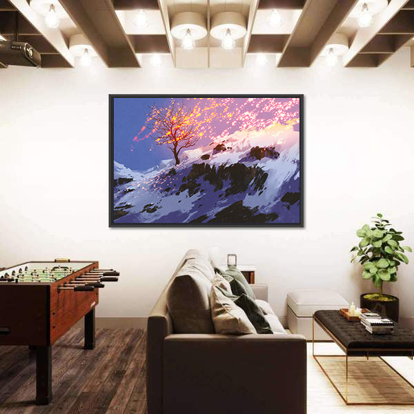 Lone Tree with Glowing Sparks at Twilight Canvas Wall Art