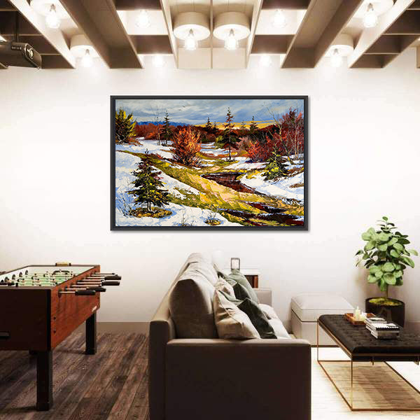 Snowy Stream at Sunset Canvas Wall Art