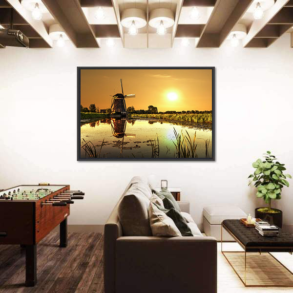 Kinderdijk Windmill at Golden Sunrise Canvas Wall Art