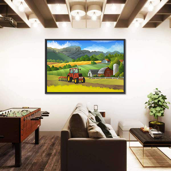 Red Tractor on Sunny Farm Landscape Canvas Wall Art