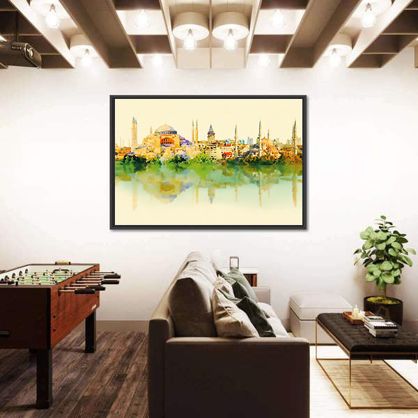 Istanbul Watercolor Skyline with Hagia Sophia Reflection Canvas Wall Art