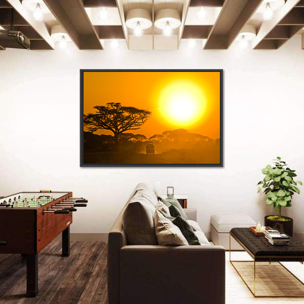 Safari Jeep Driving Through Savannah In The Sunset Africa Canvas Wall Art