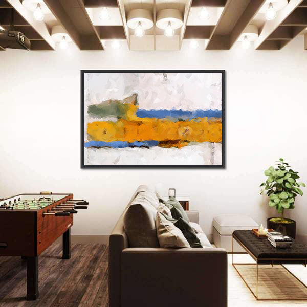 Ochre Yellow Band Abstract with Blue Accents Canvas Wall Art