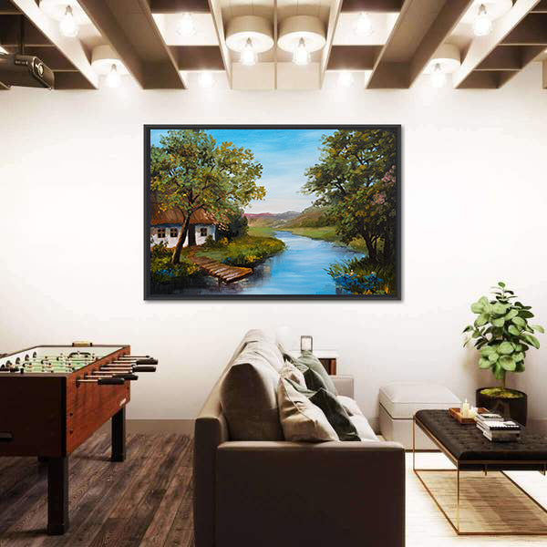 Thatched Cottage by the River Canvas Wall Art