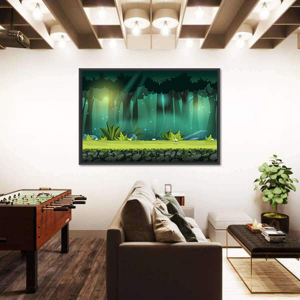 Magical Mist Forest with Fireflies Canvas Wall Art