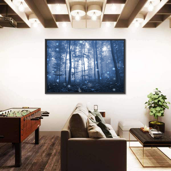 Blue Fog Forest with Glowing Orbs Canvas Wall Art
