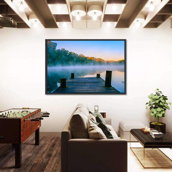 Wooden Dock at Misty Forest Lake Canvas Wall Art