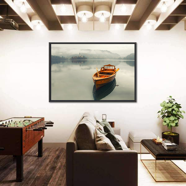 Rowboat on Foggy Lake with Island Church Canvas Wall Art