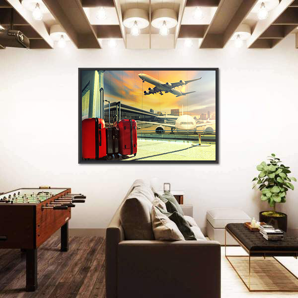 Red Suitcases and Plane at Sunset Canvas Wall Art