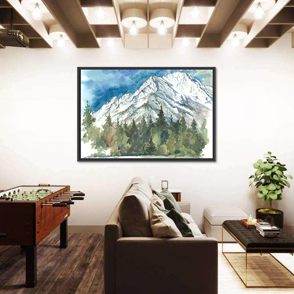 Watercolor Snow-capped Mountain and Forest Canvas Wall Art