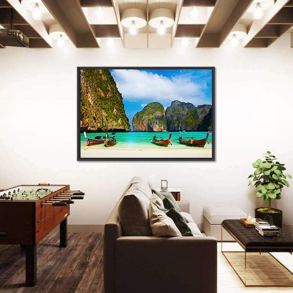 Tropical Beach And Traditional Long Tail Boats In Maya Bay Canvas Wall Art