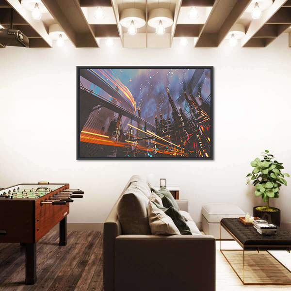 Futuristic Industrial Cityscape at Night Canvas Wall Art