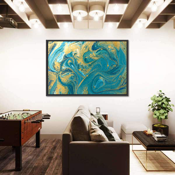 Teal Ink Marble with Gold Veins Canvas Wall Art