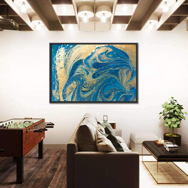 Hand Drawn Blue and Gold Marbling Canvas Wall Art