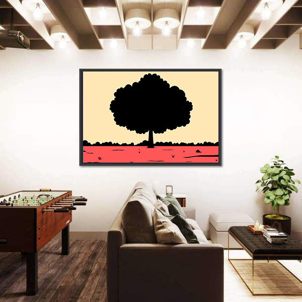 Black Tree Silhouette on Pink and Yellow Fields Canvas Wall Art