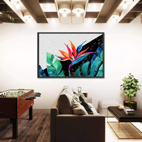 Tropical Minimalist Bird of Paradise and Monstera Canvas Wall Art