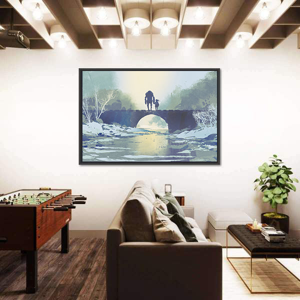 Robot and Child on Snowy Bridge Canvas Wall Art