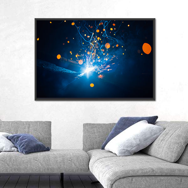 Welding Arc with Blue Smoke and Sparks Canvas Wall Art