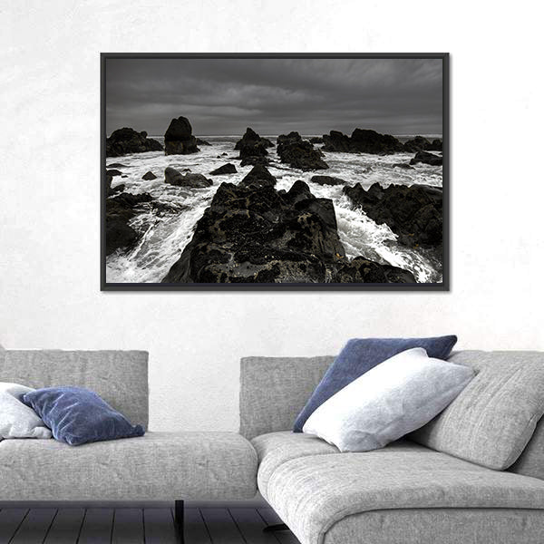 Crashing Waves on Rocky Coastline Canvas Wall Art