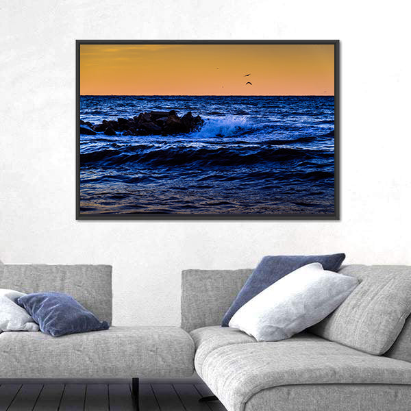 Blue Ocean Waves at Sunset Canvas Wall Art