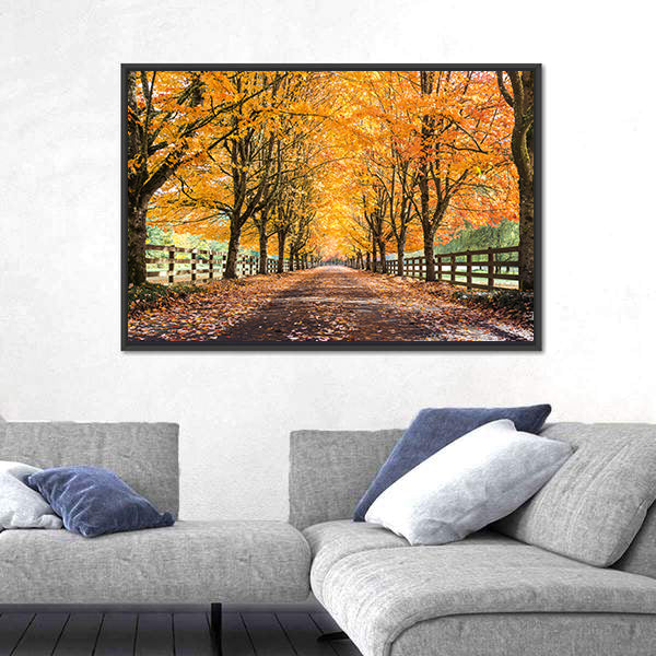 Autumn Tree Tunnel with Golden Leaves Canvas Wall Art